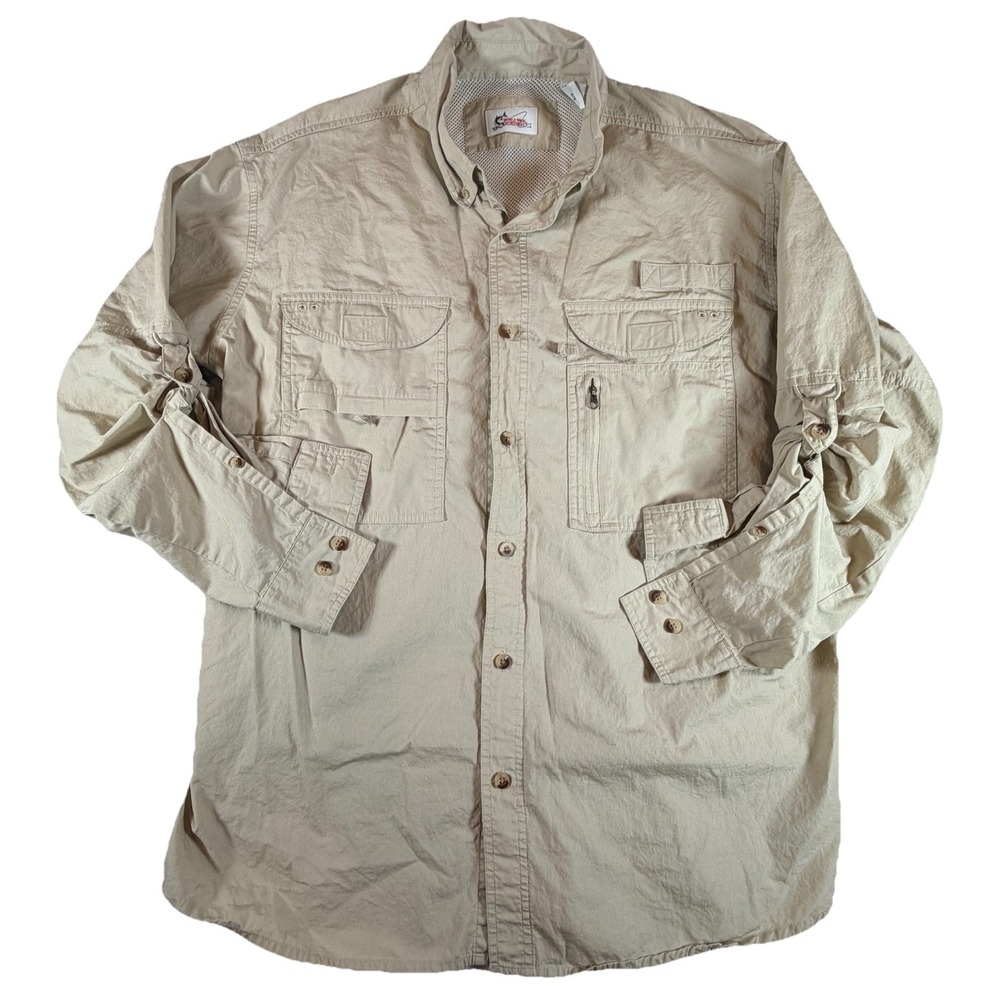 World Wide Sportsman Shirt Mens L Beige Button Up Long Sleeve‎ Fishing Vented